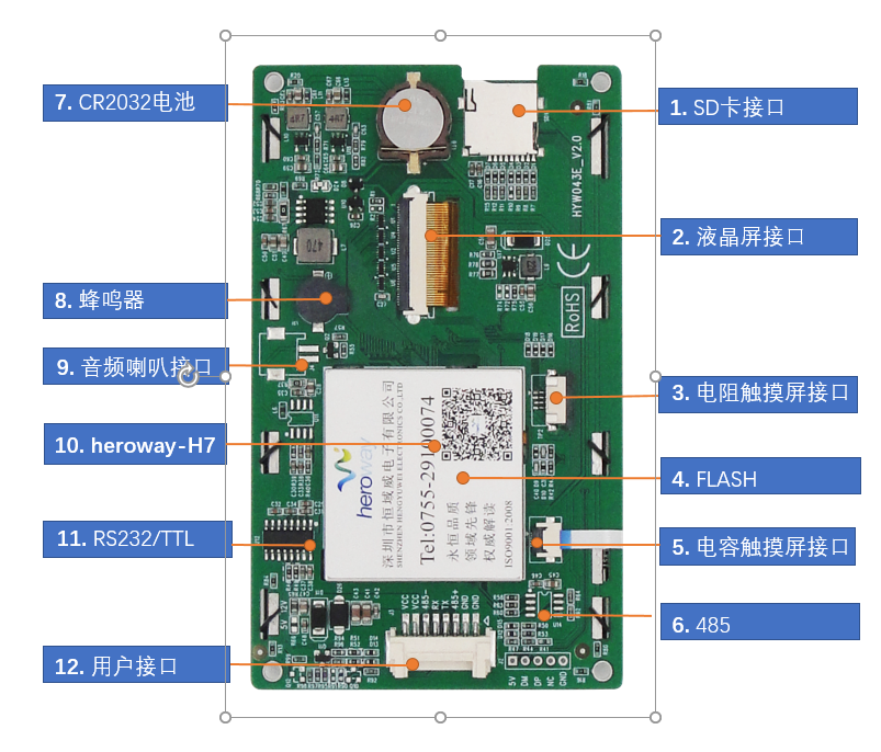 恒域威4.3寸串口屏电容触摸232/TTL/485电平可选人机界面TFT显示屏