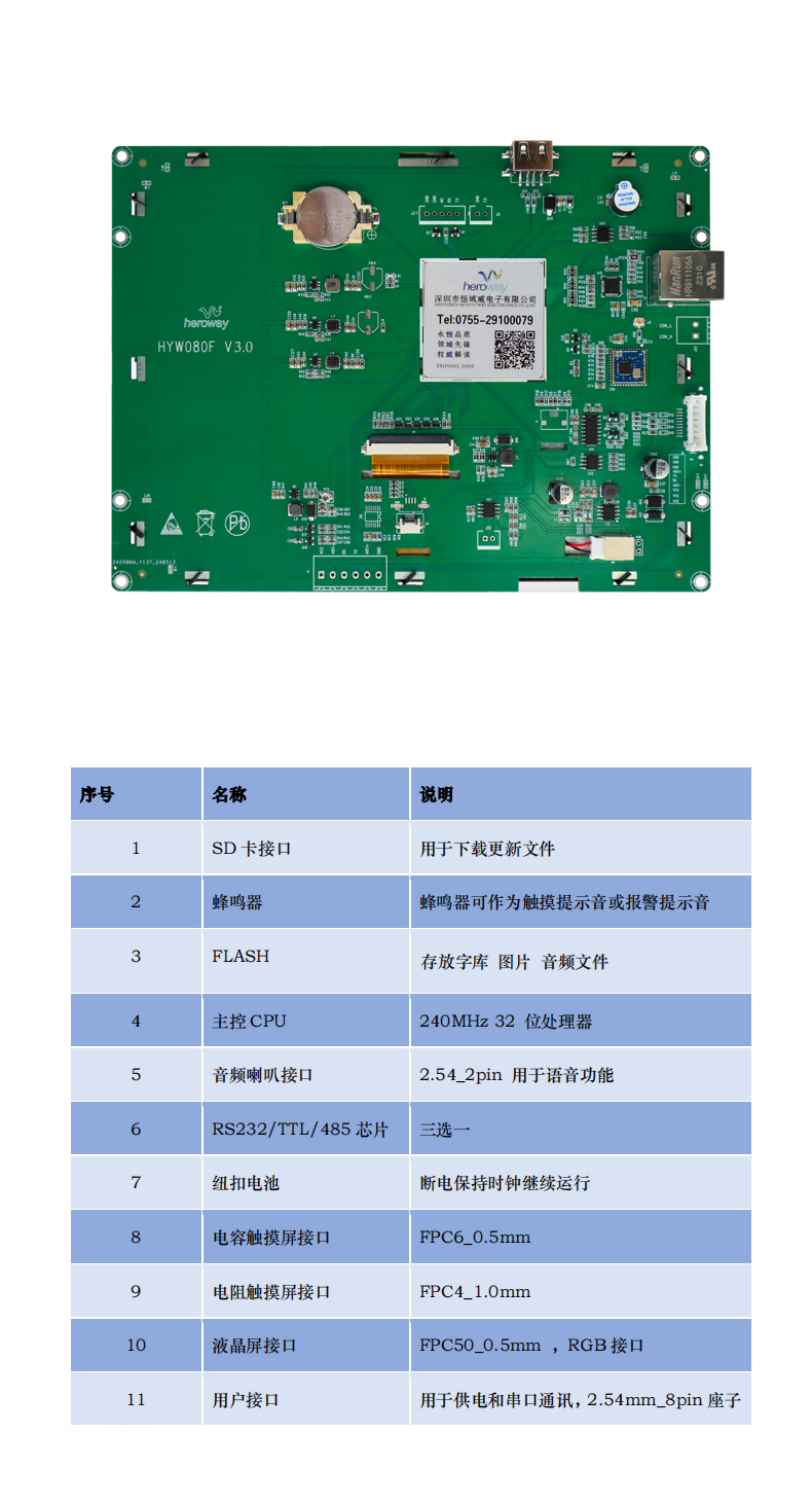 HYW080F3.0/8寸带电容触摸 232/485HMI组态液晶屏